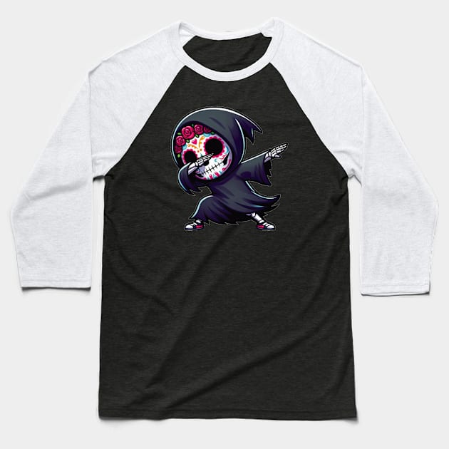 Sugar Skull Chibi Reaper Dabbing Day of the Dead Delight Baseball T-Shirt by ImaginativeInkPOD